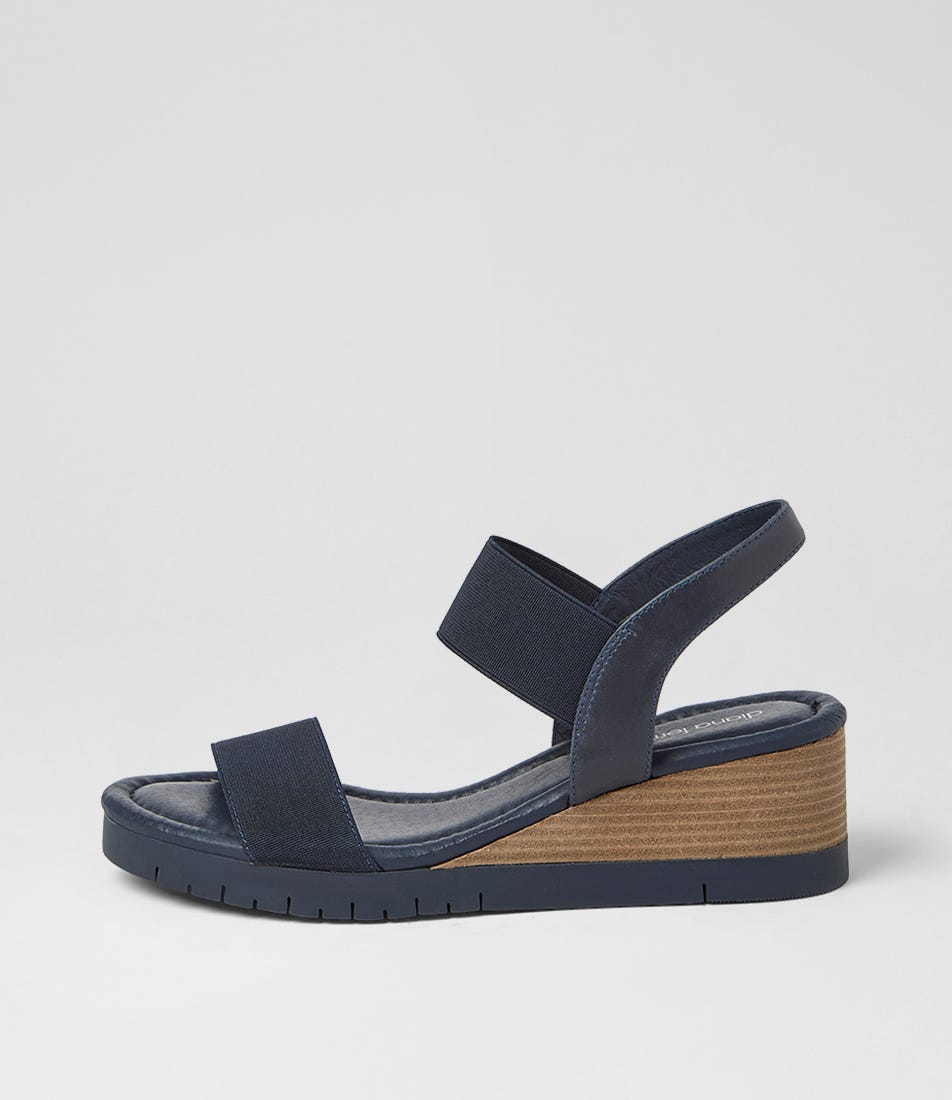 Vinno Navy Leather Elastic Heeled Sandals