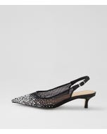 Quille Black Silver Jewel Mesh Leather Heels