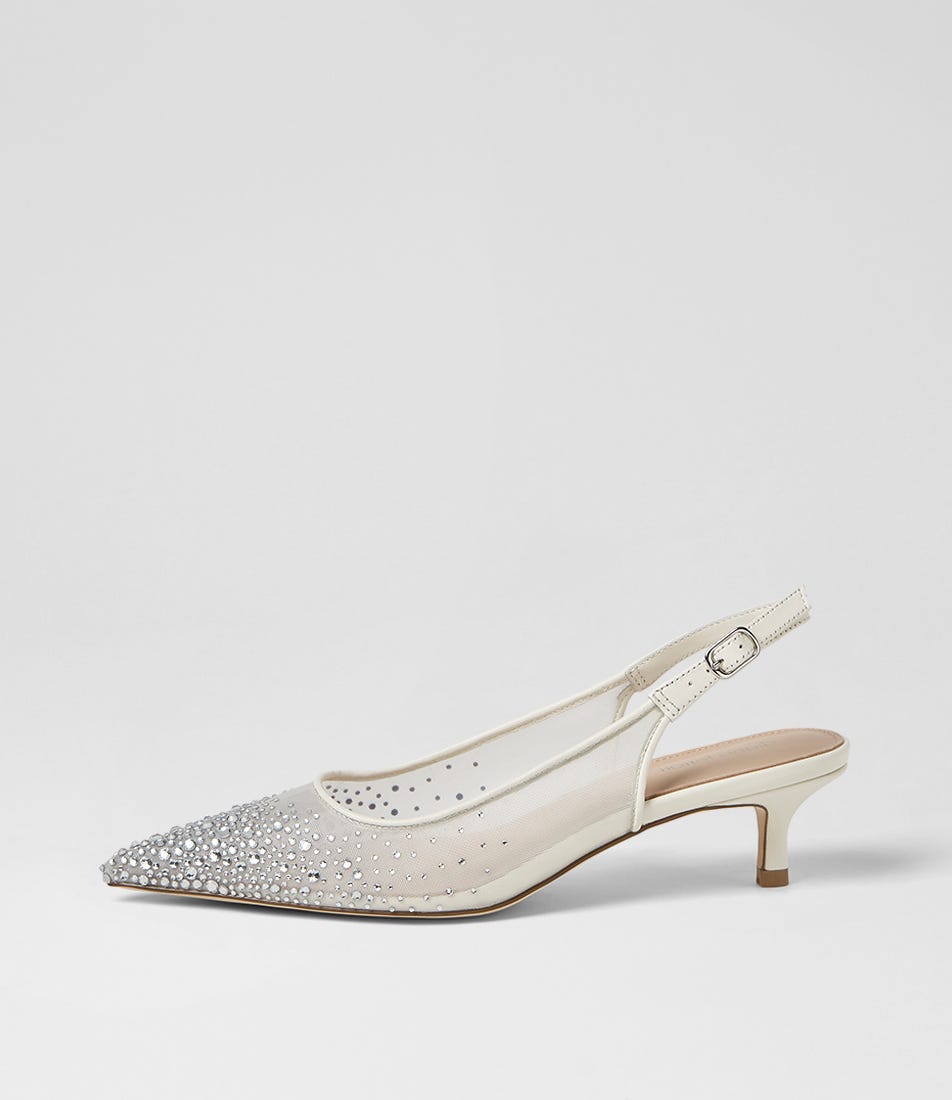Quille White Silver Jewel Mesh Leather Heels