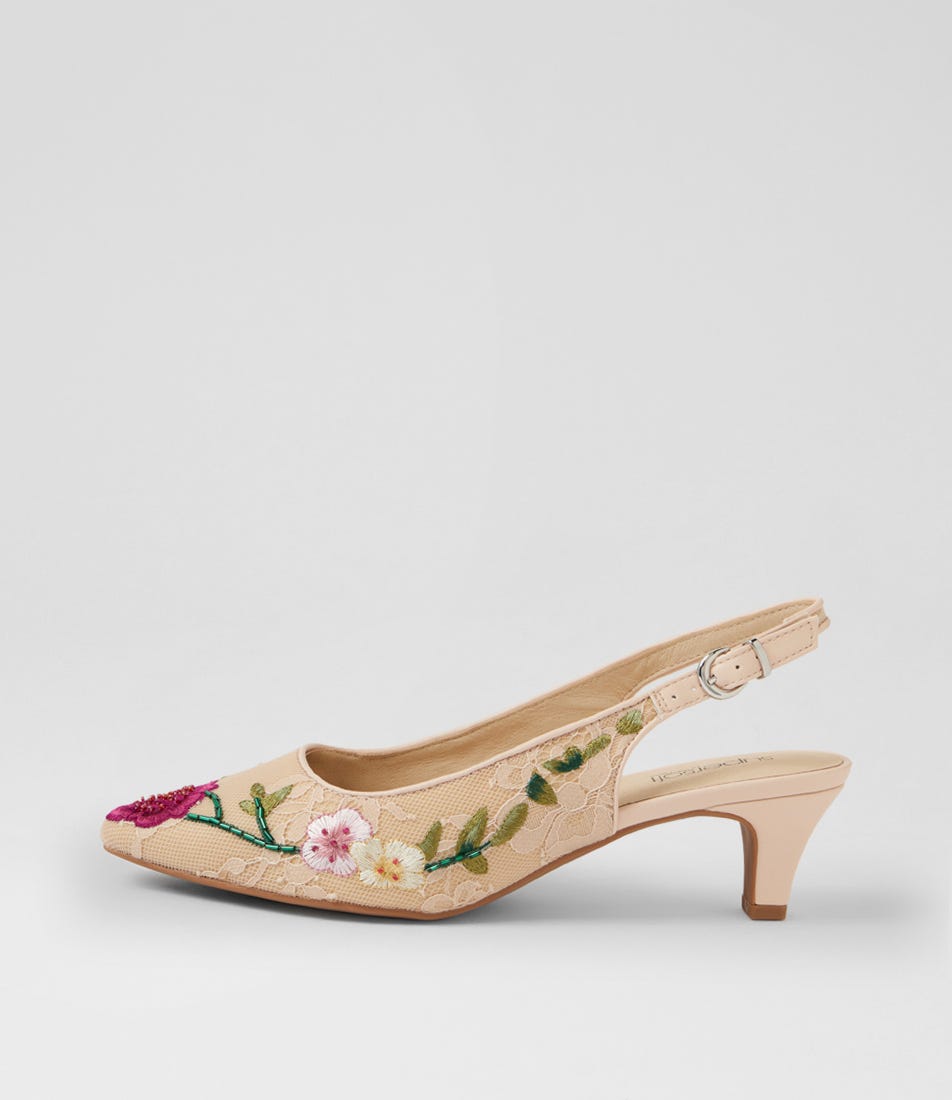 Looloo Nude Multi Flower Mesh Leather Heels