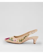 Looloo Nude Multi Flower Mesh Leather Heels