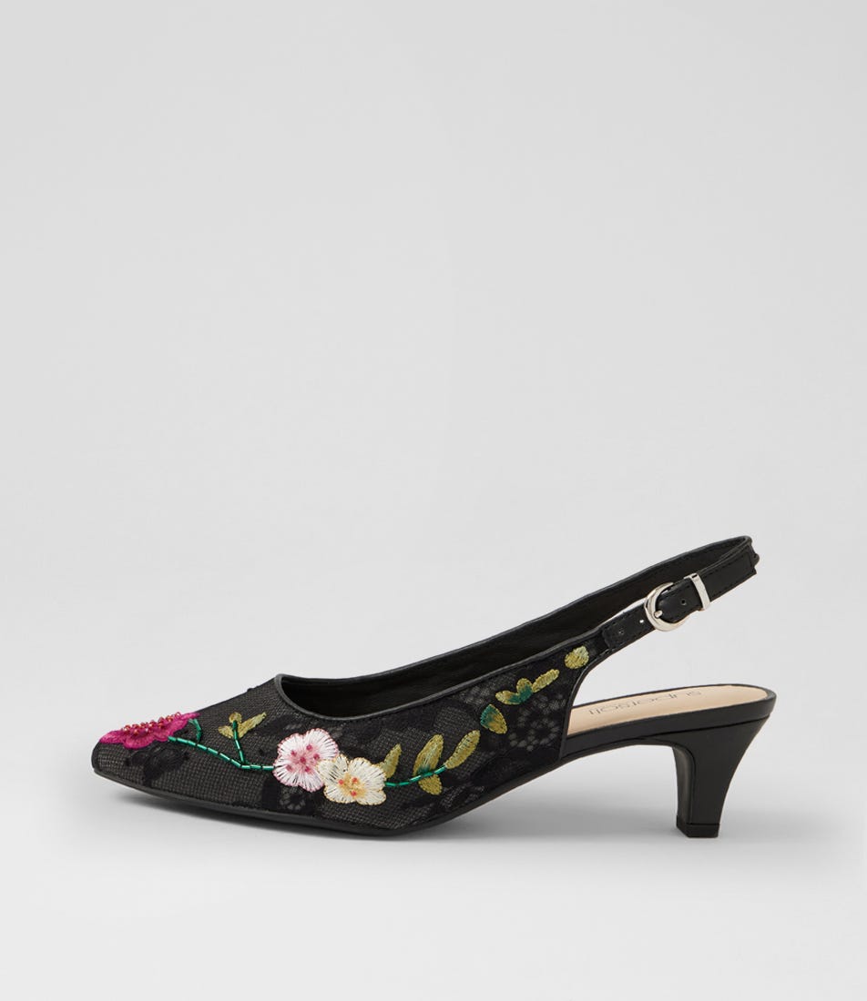 Looloo Black Multi Flower Mesh Leather Heels