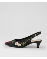 Looloo Black Multi Flower Mesh Leather Heels